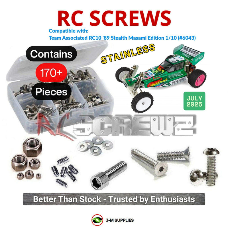 Representative image of an RCScrewZ stainless steel screw kit for Team Associated RC10 Masami 1/10 2WD Buggy (6043, ASC6043); exact kit contents vary by RC model.