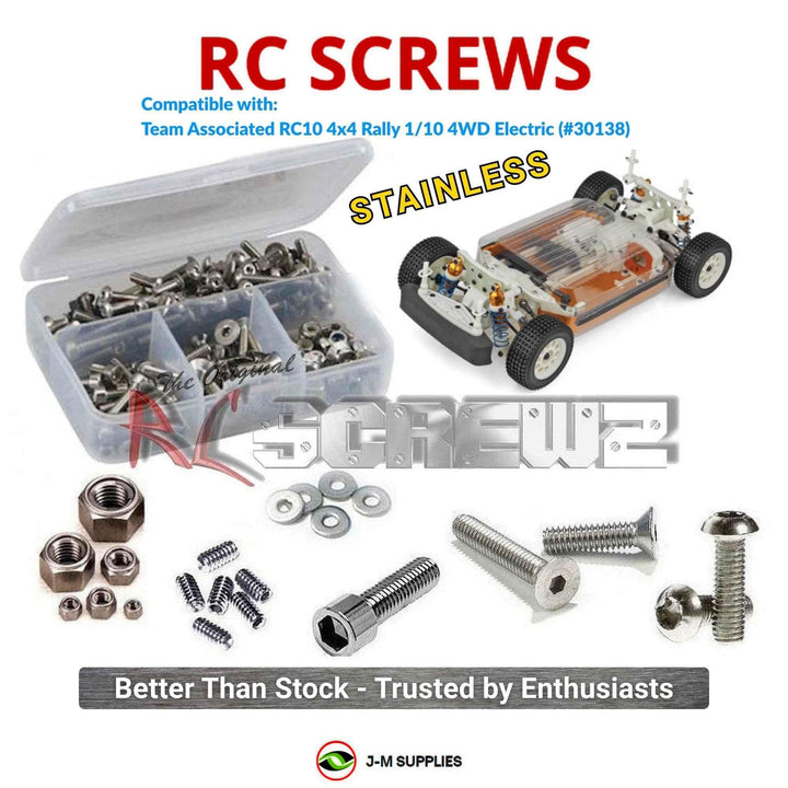 Representative image of an RCScrewZ stainless steel screw kit for Team Associated RC10 Rally 1/10 4WD Rally (30138, ASC30138); exact kit contents vary by RC model.