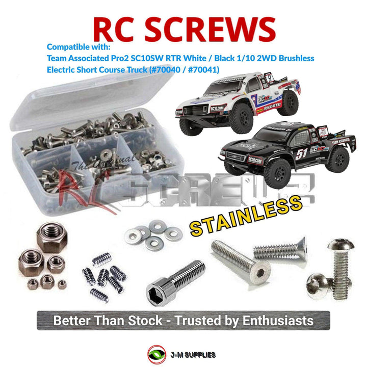 Representative image of an RCScrewZ stainless steel screw kit for Team Associated Pro2 SC10SW 1/10 2WD SCT (70040, 70041); exact kit contents vary by RC model.