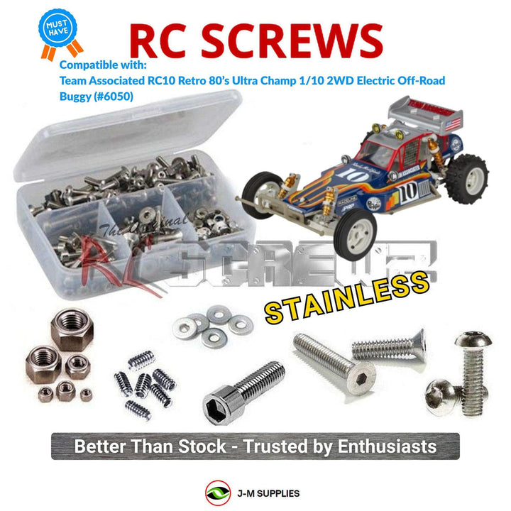 Representative image of an RCScrewZ stainless steel screw kit for Team Associated RC10 Retro Ultra Champ 1/10 Buggy (6050, ASC6050); exact kit contents vary by RC model.
