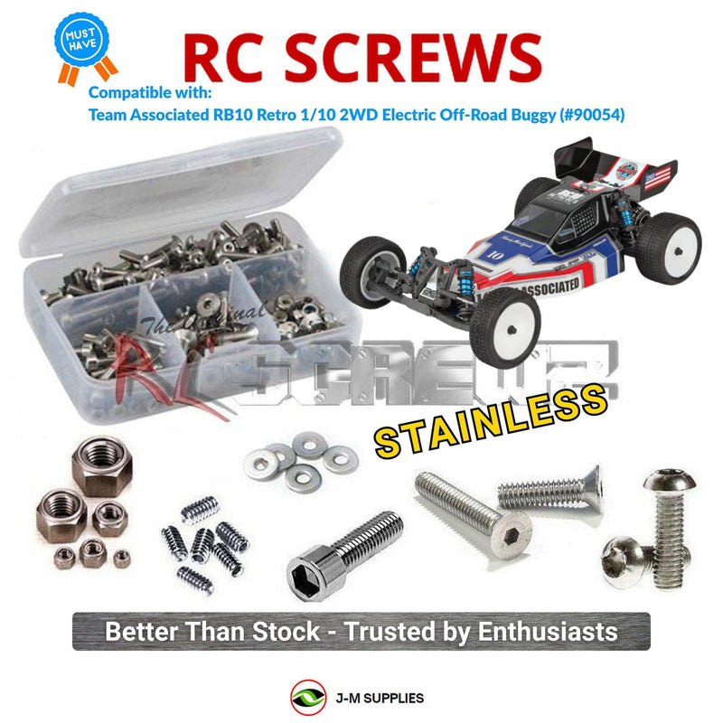 Representative image of an RCScrewZ stainless steel screw kit for Team Associated RB10 Retro 1/10 2WD Buggy (90054, ASC90054); exact kit contents vary by RC model.