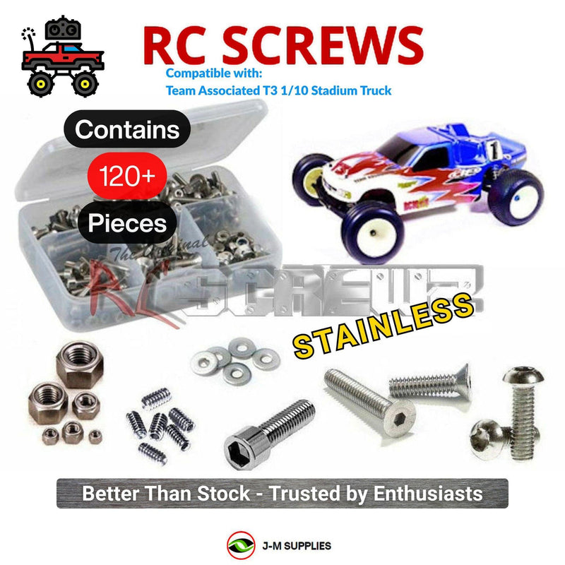 Representative image of an RCScrewZ stainless steel screw kit for Team Associated RC10T3 T3 1/10 2WD Stadium Truck (7003, 7013); exact kit contents vary by RC model.