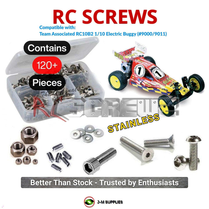 Representative image of an RCScrewZ stainless steel screw kit for Team Associated RC10B2 B2 1/10 Electric Buggy (9000, 9011); exact kit contents vary by RC model.