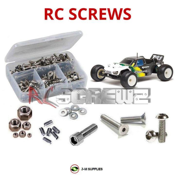 Representative image of an RCScrewZ stainless steel screw kit for Team Associated RC10T4 1/10 2WD Truck (7021, 7036); exact kit contents vary by RC model.
