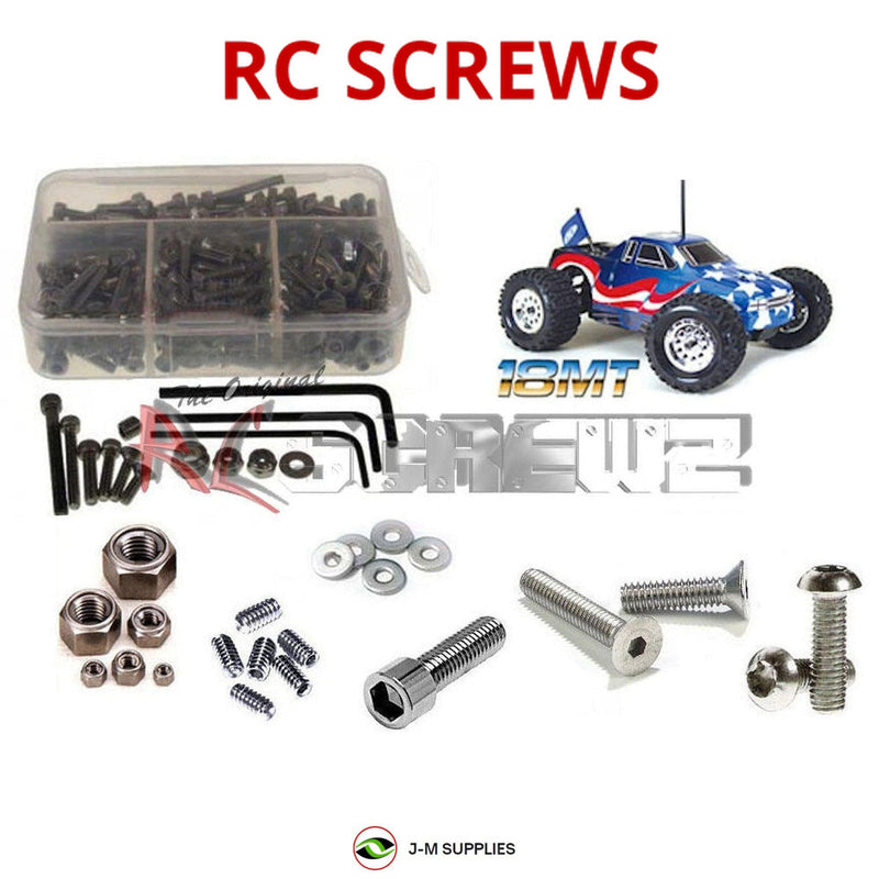 Representative image of an RCScrewZ stainless steel screw kit for Team Associated RC18MT 1/18 Electric Mini Monster Truck (20110); exact kit contents vary by RC model.