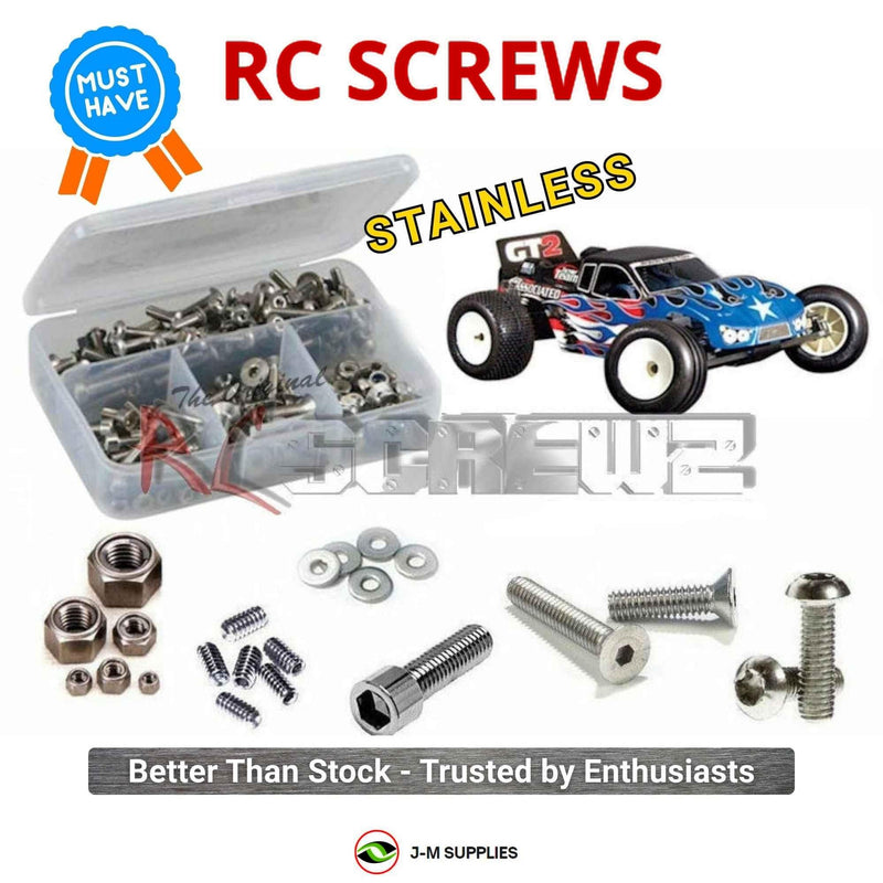 Representative image of an RCScrewZ stainless steel screw kit for Team Associated RC10GT2 GT2 1/10 Nitro Stadium Truck (7080, 7092); exact kit contents vary by RC model.