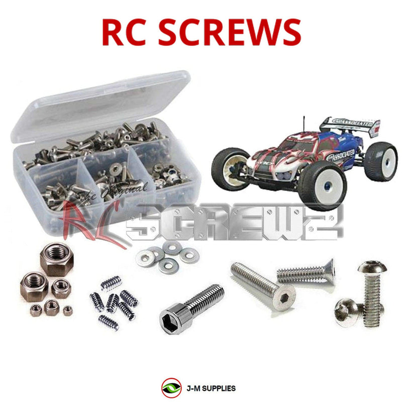 Representative image of an RCScrewZ stainless steel screw kit for Team Associated RC8T Factory 1/8 Nitro 4WD Truggy (80910, 80915); exact kit contents vary by RC model.