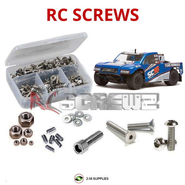 Representative image of an RCScrewZ stainless steel screw kit for Team Associated SC18 RTR 1/18 Electric 4WD (20120, 20121); exact kit contents vary by RC model.