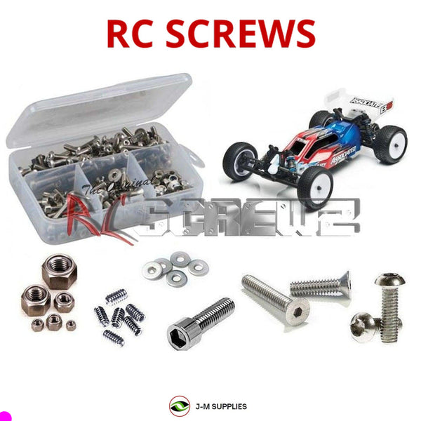 Representative image of an RCScrewZ stainless steel screw kit for Team Associated RC10B5 Team Kit 1/10 2WD Buggy (90006); exact kit contents vary by RC model.