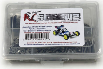 Representative image of an RCScrewZ stainless steel screw kit for Team Associated RC10 World's Car 1/10 2WD Buggy (6002); exact kit contents vary by RC model.