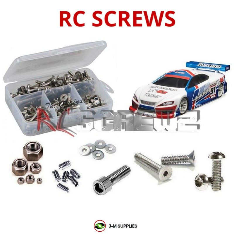 Representative image of an RCScrewZ stainless steel screw kit for Team Associated TC6.2 Factory Team 1/10 4WD TC (30109); exact kit contents vary by RC model.