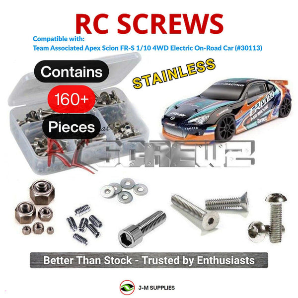 Representative image of an RCScrewZ stainless steel screw kit for Team Associated Apex FR-S RTR 1/10 Touring Car (30113, ASC30113); exact kit contents vary by RC model.
