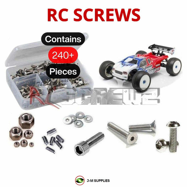 Representative image of an RCScrewZ stainless steel screw kit for Team Associated RC8T3e 1/8 4WD Truggy (80918); exact kit contents vary by RC model.