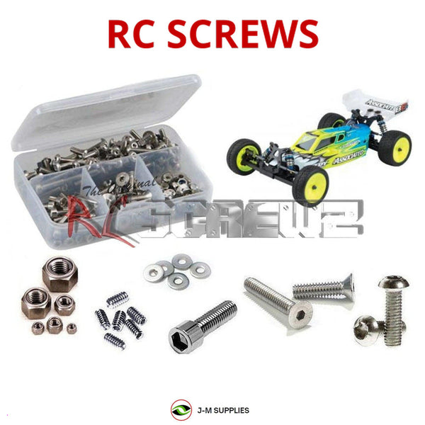 Representative image of an RCScrewZ stainless steel screw kit for Team Associated RC10B6D 1/10 2WD Dirt Buggy (90012); exact kit contents vary by RC model.