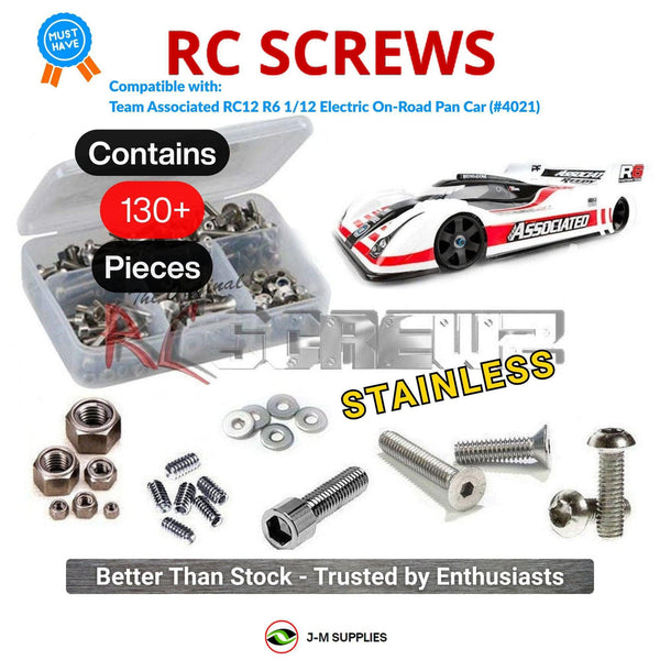 Representative image of an RCScrewZ stainless steel screw kit for Team Associated RC12R6 FT 1/12 2WD Pan Car (4021); exact kit contents vary by RC model.