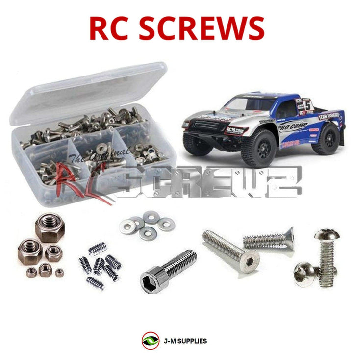Representative image of an RCScrewZ stainless steel screw kit for Team Associated SC10 Pro Team 1/10 2WD SCT (70015, 70016); exact kit contents vary by RC model.