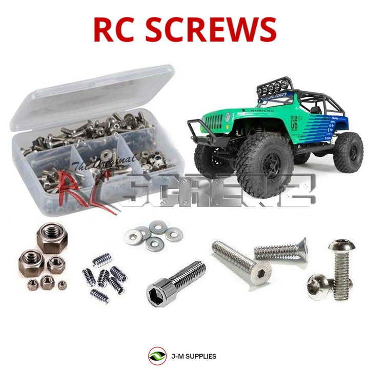 Representative image of an RCScrewZ stainless steel screw kit for Axial SCX10 Jeep G6 Falken 1/10 4WD Crawler (90036); exact kit contents vary by RC model.