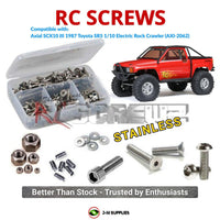 Representative image of an RCScrewZ stainless steel screw kit for Axial SCX10 III 1987 Toyota SR5 1/10 4X4 (AXI-2062); exact kit contents vary by RC model.