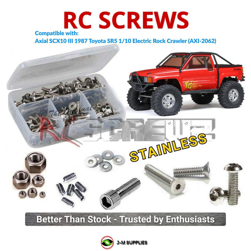 Representative image of an RCScrewZ stainless steel screw kit for Axial SCX10 III 1987 Toyota SR5 1/10 4X4 (AXI-2062); exact kit contents vary by RC model.