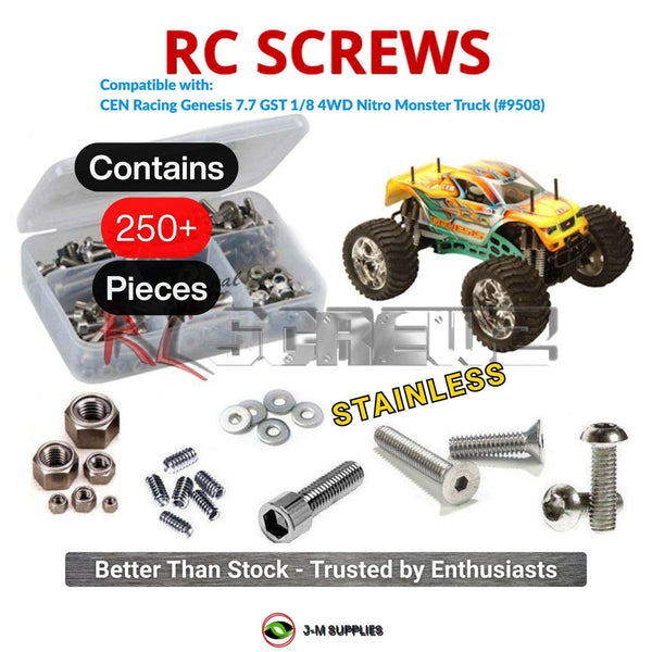 Representative image of an RCScrewZ stainless steel screw kit for CEN Racing Genesis 7.7 GST 1/8 4WD Nitro Monster Truck (#9508); exact kit contents vary by RC model.