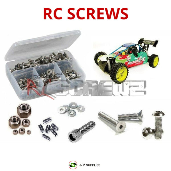 Representative image of an RCScrewZ stainless steel screw kit for CEN Racing Matrix 5B 1/5 Scale Buggy (#5002)​; exact kit contents vary by RC model.