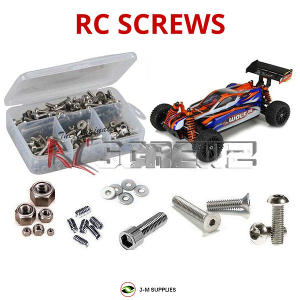 Representative image of an RCScrewZ stainless steel screw kit for DHK Hobby Wolf BL 1/10th Buggy; exact kit contents vary by RC model.