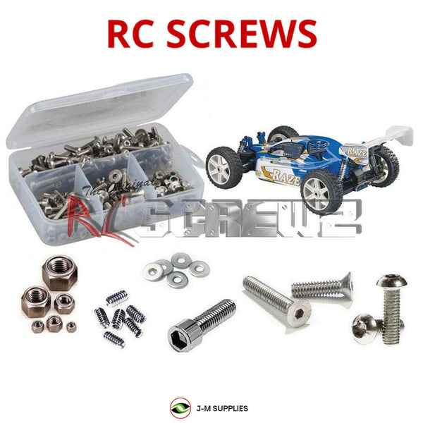 Representative image of an RCScrewZ stainless steel screw kit for Duratrax Raze 1/8th Nitro RTR; exact kit contents vary by RC model.