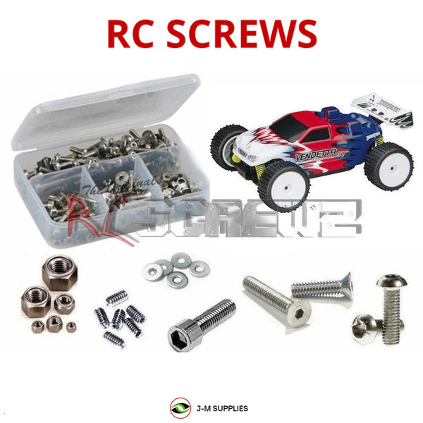 Representative image of an RCScrewZ stainless steel screw kit for Duratrax Vendetta ST; exact kit contents vary by RC model.