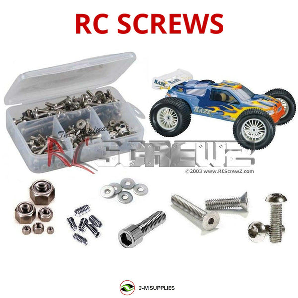 Representative image of an RCScrewZ stainless steel screw kit for DuraTrax Raze ST 1/8 Nitro 4WD Stadium Truck (DTXD7774); exact kit contents vary by RC model.