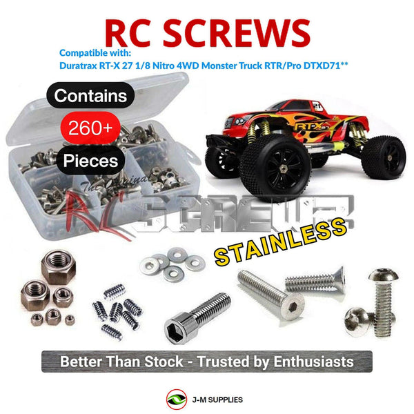 Representative image of an RCScrewZ stainless steel screw kit for Duratrax RT-X 27 RTR/Pro 1/8 Nitro 4WD Truck (DTXD71**); exact kit contents vary by RC model.