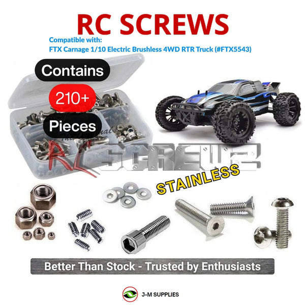 Representative image of an RCScrewZ stainless steel screw kit for FTX Carnage 1/10 Electric Brushless 4WD RTR Truck (#FTX5543); exact kit contents vary by RC model.
