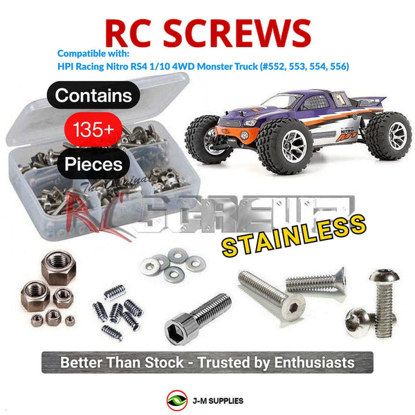 Representative image of an RCScrewZ stainless steel screw kit for HPI Racing Nitro RS4 MT 1/10 Nitro 4WD Monster (552, 553); exact kit contents vary by RC model.