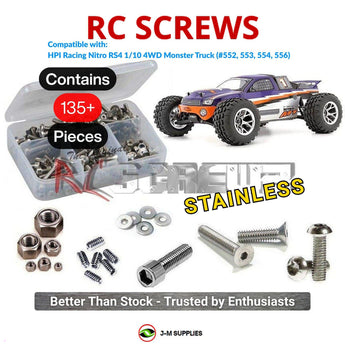Representative image of an RCScrewZ stainless steel screw kit for HPI Racing Nitro RS4 MT 1/10 Nitro 4WD Monster (552, 553); exact kit contents vary by RC model.
