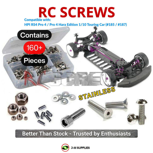 Representative image of an RCScrewZ stainless steel screw kit for HPI Racing RS4 Pro 4 Hara 1/10 Electric Touring (185, 187); exact kit contents vary by RC model.