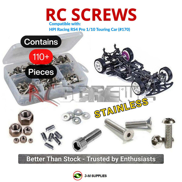 Representative image of an RCScrewZ stainless steel screw kit for HPI Racing RS4 Pro 1/10 Electric 4WD Touring Car (170); exact kit contents vary by RC model.