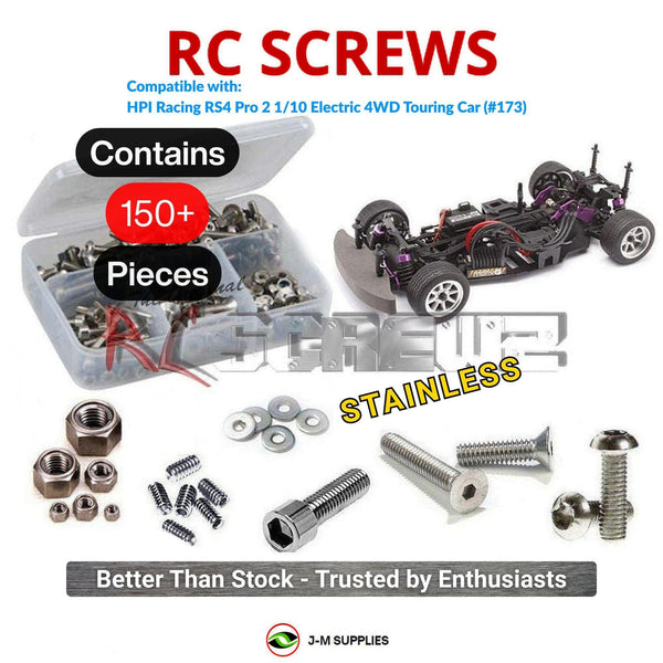 Representative image of an RCScrewZ stainless steel screw kit for HPI Racing RS4 Pro 2 1/10 Electric 4WD Touring Car (173); exact kit contents vary by RC model.