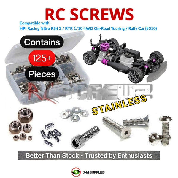 Representative image of an RCScrewZ stainless steel screw kit for HPI Racing Nitro RS4 3 RTR 1/10 4WD Rally Car (510, HPI510); exact kit contents vary by RC model.