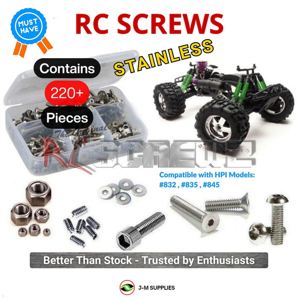 Representative image of an RCScrewZ stainless steel screw kit for HPI Racing Savage SS 25 RTR 1/8 Nitro 4WD Monster (832, 835); exact kit contents vary by RC model.