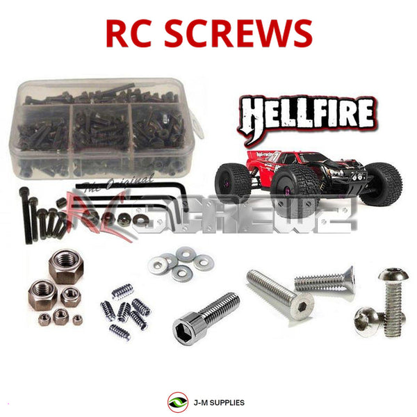 Representative image of an RCScrewZ stainless steel screw kit for HPI Racing Hellfire 1/8 RTR Nitro 4WD Truggy (10500); exact kit contents vary by RC model.