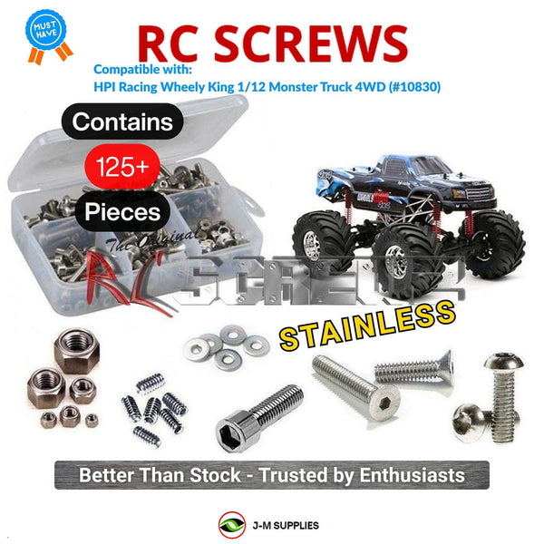 Representative image of an RCScrewZ stainless steel screw kit for HPI Wheely King 1/12 Electric 4WD Monster Truck (10830, 87602); exact kit contents vary by RC model.