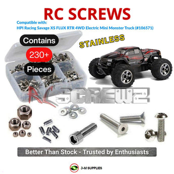 Representative image of an RCScrewZ stainless steel screw kit for HPI Savage XS Flux RTR 4WD Mini Monster Truck (106571, HPI106571); exact kit contents vary by RC model.