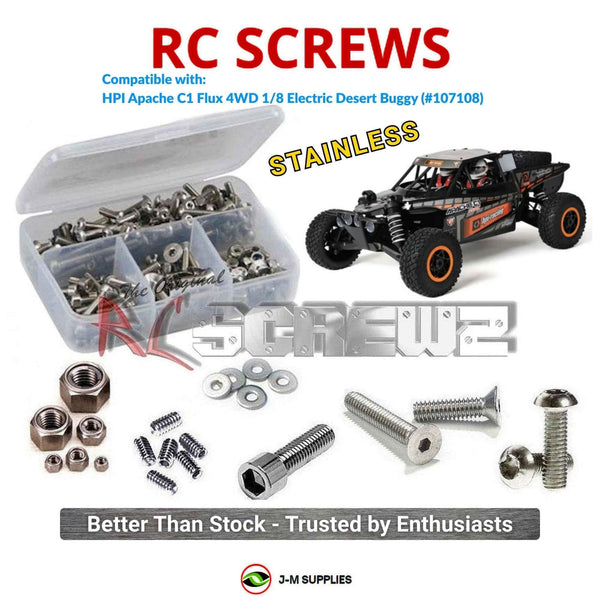 Representative image of an RCScrewZ stainless steel screw kit for HPI Apache C1 Flux 1/8 4WD Off-Road Desert Buggy (107108); exact kit contents vary by RC model.