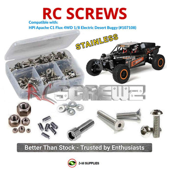 Representative image of an RCScrewZ stainless steel screw kit for HPI Apache C1 Flux 1/8 4WD Off-Road Desert Buggy (107108); exact kit contents vary by RC model.