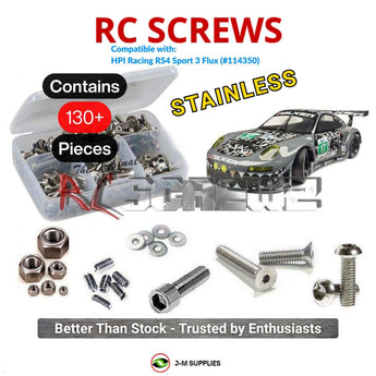 Representative image of an RCScrewZ stainless steel screw kit for HPI RS4 Sport 3 Flux Porsche 911 GT3 RSR 1/10 Elec 4WD (114350); exact kit contents vary by RC model.