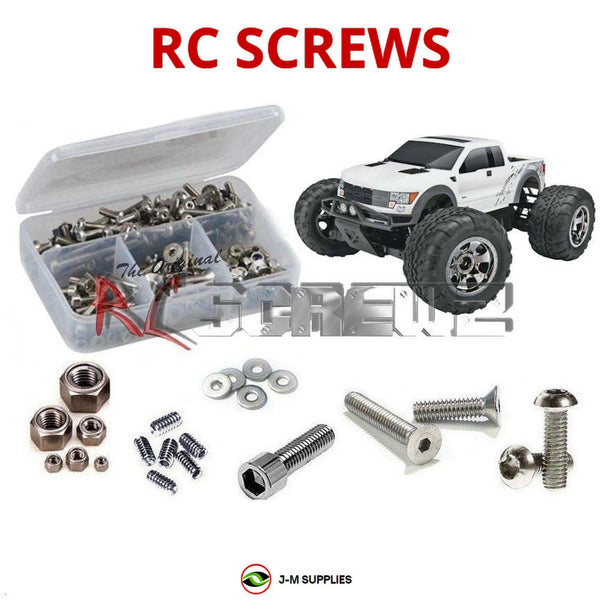 Representative image of an RCScrewZ stainless steel screw kit for HPI Savage XS Flux Ford F-150 SVT Raptor 1/12 Elec 4WD (115125); exact kit contents vary by RC model.