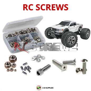Representative image of an RCScrewZ stainless steel screw kit for HPI Savage XS Flux Ford F-150 SVT Raptor 1/12 Elec 4WD (115125); exact kit contents vary by RC model.