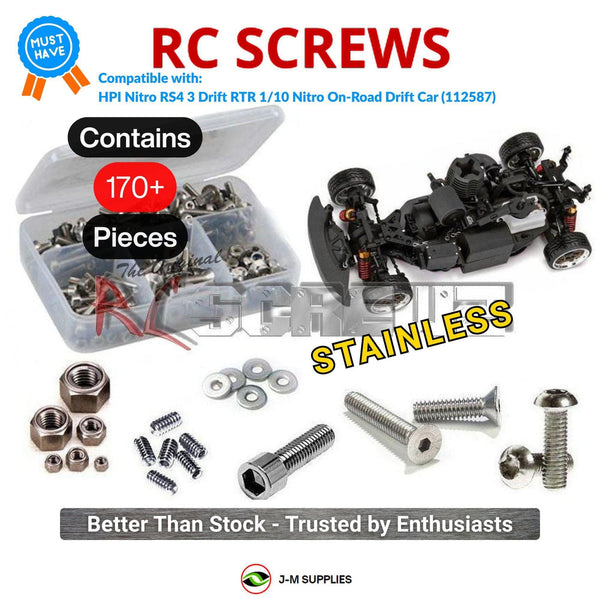 Representative image of an RCScrewZ stainless steel screw kit for HPI Nitro RS4 3 Drift RTR 1/10 Nitro 4WD Drift (112587); exact kit contents vary by RC model.