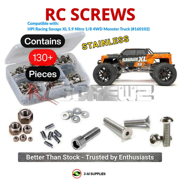 Representative image of an RCScrewZ stainless steel screw kit for HPI Savage XL 5.9 GTXL-6 1/8 Nitro 4WD Monster Truck (160102); exact kit contents vary by RC model.