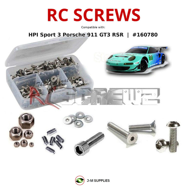 Representative image of an RCScrewZ stainless steel screw kit for HPI Sport 3 Porsche 911 GT3 RSR Falken 1/10 (160780, 160781); exact kit contents vary by RC model.
