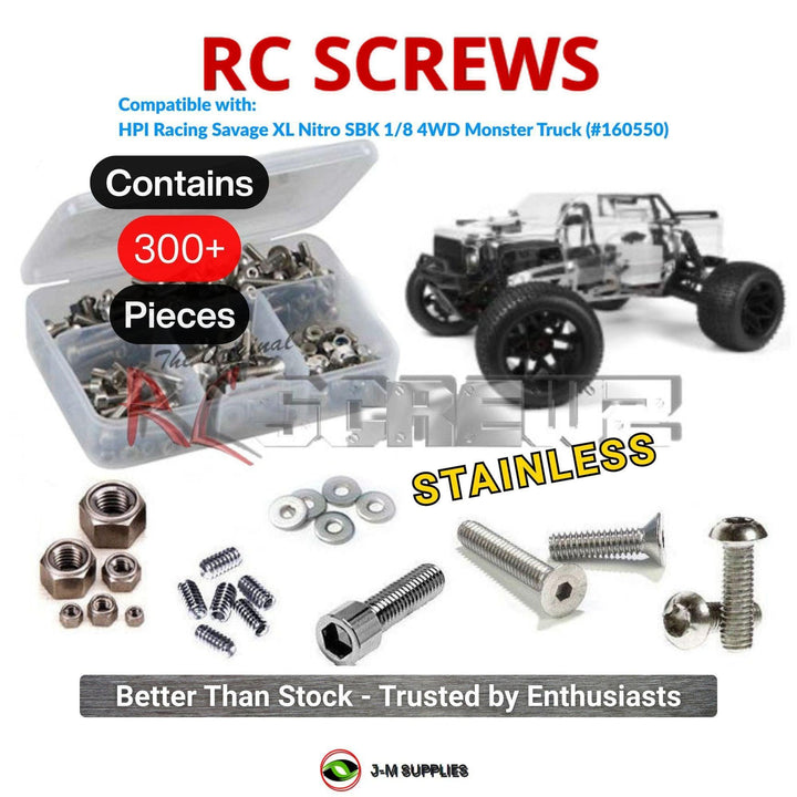 Representative image of an RCScrewZ stainless steel screw kit for HPI Savage XL Nitro SBK 1/8 4WD Monster Truck (160550, HPI160550); exact kit contents vary by RC model.